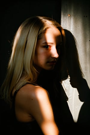 super cute blond woman in a dark theme,shadow,shaded,