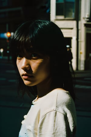 realistic,portrait,film grain,shadow,dark,asian,woman,renaissance,epic,fantastic,street,messy hair,light,grainy,real photo,outdoor,grainy,lightshapes