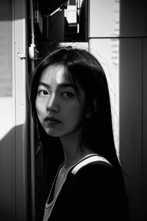 realistic,grsayscale,oraku-b-w,portrait,film grain,sunlight,shadow,asian,woman,sunlight,day,epic,fantastic,street,messy hair,light,grainy,real photo,outdoor,grainy,lightshapes,cloudy color,japan,score_9,analog fiilm,