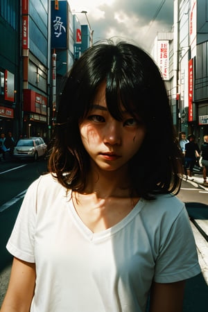 realistic,portrait,film grain,shadow,asian,woman,sunlight,day,epic,fantastic,street,messy hair,light,grainy,real photo,outdoor,grainy,lightshapes,cloudy color,japan,