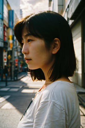 close-up,realistic,portrait,film grain,sunlight,shadow,asian,woman,sunlight,day,epic,fantastic,street,messy hair,light,grainy,real photo,outdoor,grainy,lightshapes,cloudy color,japan,