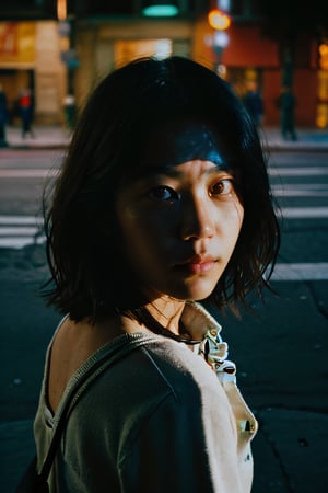 realistic,portrait,film grain,shadow,dark,asian,woman,renaissance,epic,fantastic,street,messy hair,light,grainy,real photo,outdoor,grainy,lightshapes