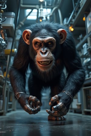 create a picture of The Terminator Chimp with sharp metal jaws and claws rumble in the laboratory