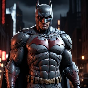 An experimental fusion of Iron Batman, a detailed photorealistic new breed of superhero, insanely detailed and intricate figure and high-tech costumeIron, dark cement grey and dark red dual tone colored, dark toned, night metro gotham background, volumetric lighting, unreal engine 5