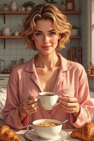 A just woken up beautiful gorgeous golden short curly hair style woman, still using her silk pajamas, messy hair in the morning, feels the tranquil moring, talking with you with intimate droopy eyes stare and passionate smile, listening to you attentively, a cup of hot coofee in her hands, a bowl of cereals with almond milk and there's a porcelain spoon on it, enjoying the aroma and the taste of fruity arabica coffee, sweet croissant,wheat bread, butter and peanut butter, neat modern Scandinavian kitchen with well organize kitchen object and cluttery, insanely detailed and intricate face intimate gestures, realistic color comic illustration with strong influence of Don Lawrence style