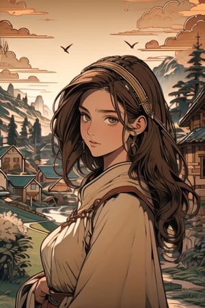 (Masterpiece, best quality, hi_res, extreme detail, perfect anatomy, perfect face), (pretty farm villager), (farming village, medieval fantasy),Brown hair ,niji,sketch