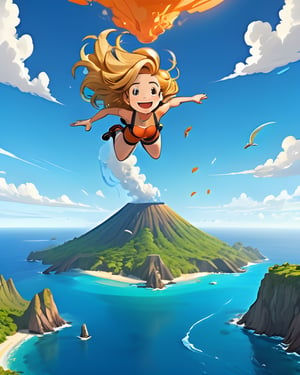 Create an epic picture of a golden long hairstyle beautiful woman smiling happily having sky diving floating in the sky, blue ocean bellow and beautiful tiny tropical volcano island, bright blu sky with light scattered white clouds, vibrant Studio Ghibli anime style