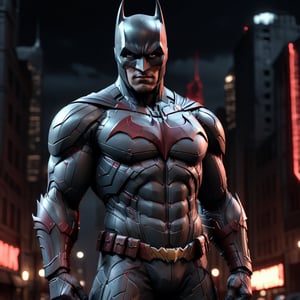 An experimental fusion of Ironbatman, a detailed photorealistic new breed of superhero, insanely detailed and intricate figure and high-tech costumeIron, dark cement grey and dark red dual tone colored, dark toned, night metro gotham background, volumetric lighting, unreal engine 5