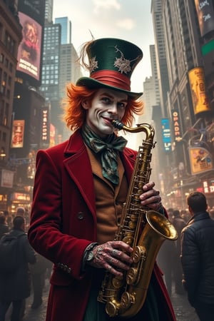 create a picture of The Mad Hatter with devious smirk and sharp eyes playing saxophone in the middle of the bustling city, full of people