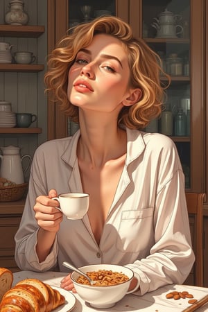 A just woken up beautiful gorgeous golden short curly hair style woman, still using her silk pajamas, messy hair in the morning, feels the tranquil moring, talking with you with intimate droopy eyes stare and passionate smile, listening to you attentively, a cup of hot coofee in her hands, a bowl of cereals with almond milk and there's a porcelain spoon on it, enjoying the aroma and the taste of fruity arabica coffee, sweet croissant,wheat bread, butter and peanut butter, neat modern Scandinavian kitchen with well organize kitchen object and cluttery, insanely detailed and intricate face intimate gestures, realistic color comic illustration with strong influence of Don Lawrence style