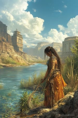 An ancient Sumerian Girl harvesting edible water plants along a river bank with breathtaking ancient Sumerian Landscape, cloudy blue sky, realistic color comic illustration with strong influence of Don Lawrence style