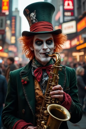 create a picture of The Mad Hatter with devious smirk and sharp eyes playing saxophone in the middle of the bustling city, full of people, making those people have a fiery eyes glow, causing some riot between people who listened to his tunes