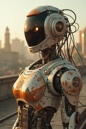 A fusion of a retro futristic robot, 1960s design, transparent forehead, visible cables, transistors and circuits, in battery  charging position, in the early morning