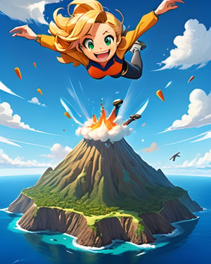 Create an epic picture of a golden long hairstyle beautiful woman smiling happily having sky diving floating in the sky, blue ocean bellow and beautiful tiny tropical volcano island, bright blu sky with light scattered white clouds, vibrant Studio Ghibli anime style