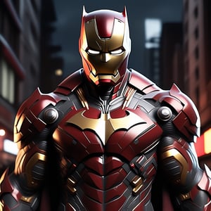 An experimental fusion of BatIronman, a detailed photorealistic new breed of superhero, insanely detailed and intricate figure and high-tech costumeIron, dark cement grey and dark red dual tone colored, dark toned, night metro gotham background, volumetric lighting, unreal engine 5
