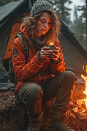 A just woken up beautiful gorgeous golden short curly hair style woman, wears cold proof adventure jacket, adventure trousers, boots, messy hair in the morning beneath the beanie, feels the tranquil moring, a metal cup of hot coofee in her hands, enjoying the aroma and the taste of fruity arabica coffee, a tranquil moring in the wilderness with tent and campfire, insanely detailed and intricate face sneezing gestures, realistic color comic illustration with strong influence of Don Lawrence style