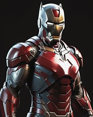 An experimental fusion of BatIronman, a detailed photorealistic new breed of superhero, insanely detailed and intricate figure and high-tech costumeIron, dark cement grey and dark red dual tone colored, dark toned, night metro gotham background, volumetric lighting, unreal engine 5,more detail XL