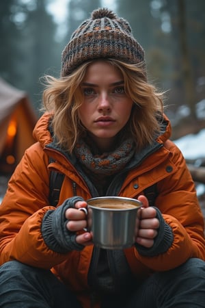 A just woken up beautiful gorgeous golden short curly hair style woman, wears cold proof adventure jacket, adventure trousers, boots, messy hair in the morning beneath the beanie, feels the tranquil moring, a metal cup of hot coofee in her hands, enjoying the aroma and the taste of fruity arabica coffee, a tranquil moring in the wilderness with tent and campfire, insanely detailed and intricate face sneezing gestures, realistic color comic illustration with strong influence of Don Lawrence style