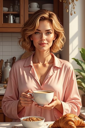 A just woken up beautiful gorgeous golden short curly hair style woman, still using her silk pajamas, messy hair in the morning, feels the tranquil moring, talking with you with intimate eye stare and passionate smile, listening to you attentively, a cup of hot coofee in her hands, a bowl of cereals with almond milk, enjoying the aroma and the taste of fruity arabica coffee, sweet croissant,wheat bread, butter and peanut butter, neat modern Scandinavian kitchen with well organize kitchen object and cluttery, insanely detailed and intricate face intimate gestures, realistic color comic illustration with strong influence of Don Lawrence style