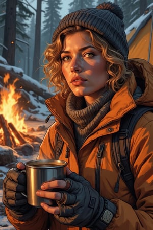 A just woken up beautiful gorgeous golden short curly hair style woman, wears cold proof adventure jacket, adventure trousers, boots, messy hair in the morning beneath the beanie, feels the tranquil moring, a metal cup of hot coofee in her hands, enjoying the aroma and the taste of fruity arabica coffee, a tranquil moring in the wilderness with tent and campfire, insanely detailed and intricate face sneezing gestures, realistic color comic illustration with strong influence of Don Lawrence style