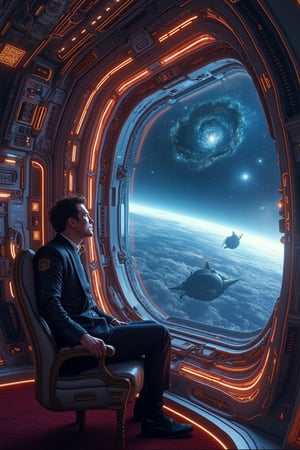 The smart, cunning and genius Interstellar Enterpreneur [Elon Musk:David Bowie:0.35] with sharp eye stare in to the distance from his lavish cabin of  interstellar space sjip, subtle nebula and galaxies clearly visible from the gigantic window, insanely detailed and intricate, masterpiece work of realistic  color comic maestro Don Lawrence, octane render