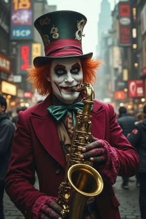 create a picture of The Mad Hatter with devious smirk and sharp eyes playing saxophone in the middle of the bustling city, full of people, making some riot between people who listened to his tunes