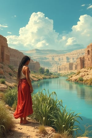 An ancient Sumerian Girl harvesting edible water plants along a river bank with breathtaking ancient Sumerian Landscape, cloudy blue sky, realistic color comic illustration with strong influence of Don Lawrence style