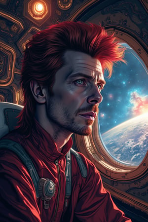 The smart, cunning and genius Interstellar Enterpreneur [David Bowie:Elon Musk:0.35] with sharp eye stare in to the distance from his lavish cabin of  interstellar space sjip, subtle nebula and galaxies clearly visible from the gigantic window, insanely detailed and intricate, masterpiece work of realistic  color comic maestro Don Lawrence, octane render