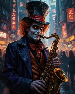 create a picture of The Mad Hatter with devious smirk and sinister sharp eyes playing a mind controlling saxophone in the middle of the bustling city, full of people, making those people have a fiery eyes glow, causing some riot between people who listened to his tunes,Thriller illustration,Fantasy detailers 