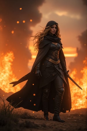 Blake Lively, 32K, UHD, long blonde hair, A hooded girl, clad in dark armor, stands amidst a fiery landscape. Their cloak billows dramatically in the wind, and the flames lick at their feet. The figure holds a glowing samurai sword, its blade reflecting the inferno. The sky is ablaze with fiery clouds, and the overall atmosphere is one of chaos and destruction, aidmaMJ6.1, HKMagic, , , , 