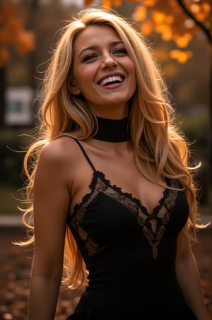 Blake Lively, 16K, UHD, Long Blonde Hair, Masterpieces, Stunning painting illustration by ZloyOrk. An evil pumpkinman chasing beautiful Laughing women (woman with blonde hair and black dress), halloween atmosphere, autumn background.