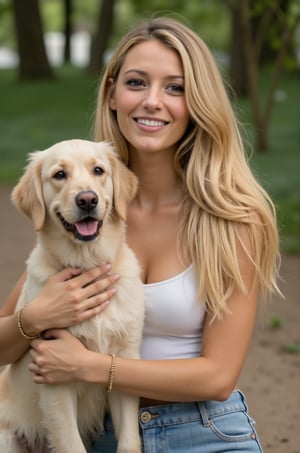 Blake Lively, 16K, long blonde hair, A sexy girl wearing a short jeans and white shirts. She is smiling. forest background. She is hugging a white golden Retriever. masterpieces, ultra high quality, 