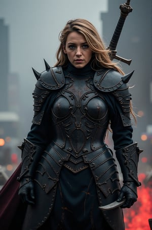 Blake Lively, 32K, UHD, long blonde hair, highly detailed cinematic scene of a dark, armored warrior standing in a dramatic pose. The warrior should be clad in spiked, black armor that covers the entire body, The warrior holds a massive, broad-bladed sword that shows signs of wear, with scratches and bloodstains on the blade. The background should be a mix of light and dark tones, with red hues near the bottom to suggest an intense and dramatic atmosphere. The overall composition should convey a sense of power and readiness for battle, with a focus on the intricate details of the armor and the imposing presence of the warrior. high contrast and dynamic lighting to enhance the dramatic effect, aidmaMJ6.1, HKMagic