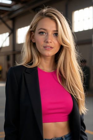 Blake Lively, 16K, UHD, Long Blonde Hair, Masterpieces, A confident young woman poses in an industrial setting, wearing a black blazer over a striking pink crop top. Her long, flowing hair frames her face, emphasizing her sharp features and piercing gaze. The contrasting colors and textures create a bold fashion statement, while the natural light streaming in from the windows enhances the ambiance of the scene.