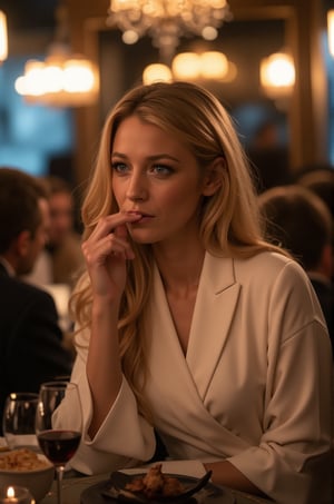 Blake Lively, 16K, long blonde hair, Blake Lively, 16K, UHD, long blonde hair,**Tea Party Seduction** In this scene, elegant restaurant, sitting at the edge of a long, tea party, but there are no other guests. wears a white silk kimono, Her posture is teasing, leaning forward slightly, her full lips slightly parted. no other guest, Its long, slender tail wraps around the chair, pointing toward Alice in an almost playful manner. The lighting is a mix of warm candlelight and cool moonlight, casting an ethereal glow over Alice while leaving the background in shadow.. Live picture