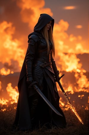 Blake Lively, 32K, UHD, long blonde hair, A hooded girl, clad in dark armor, stands amidst a fiery landscape. Their cloak billows dramatically in the wind, and the flames lick at their feet. The figure holds a glowing samurai sword, its blade reflecting the inferno. The sky is ablaze with fiery clouds, and the overall atmosphere is one of chaos and destruction, aidmaMJ6.1, HKMagic, , , , 