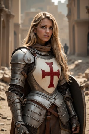 Blake Lively, 32K, UHD, long blonde hair,A high-resolution photo of a medieval knight girl in full armor, visible face and hair, standing in a ruined, dusty environment. The knight lady wears a brown hood partially covering the face. His silver and white armor features intricate designs, including a red cross on the chest plate. holding a big shield with his right hand, and a sword hangs from a leather belt. The backdrop is a crumbling, war-torn building, adding a post-apocalyptic feel. The knight stands poised, radiating strength and resilience, blending historical and fantasy elements, moody, highly detailed, volumetric lighting, sun light,