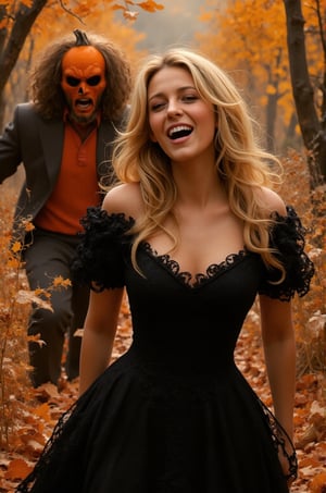 Blake Lively, 16K, UHD, Long Blonde Hair, Masterpieces, Stunning painting illustration by ZloyOrk. An evil pumpkinman chasing beautiful Laughing women (woman with blonde hair and black dress), halloween atmosphere, autumn background.