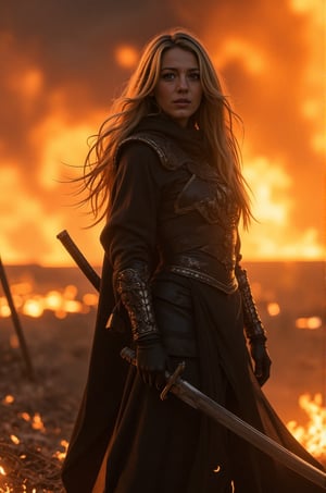 Blake Lively, 32K, UHD, long blonde hair, A hooded girl, clad in dark armor, stands amidst a fiery landscape. Their cloak billows dramatically in the wind, and the flames lick at their feet. The figure holds a glowing samurai sword, its blade reflecting the inferno. The sky is ablaze with fiery clouds, and the overall atmosphere is one of chaos and destruction, aidmaMJ6.1, HKMagic, , , , 