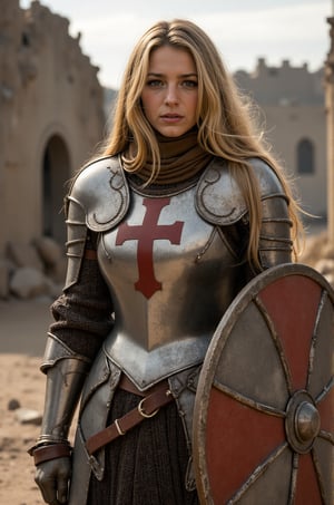 Blake Lively, 32K, UHD, long blonde hair,A high-resolution photo of a medieval knight girl in full armor, visible face and hair, standing in a ruined, dusty environment. The knight lady wears a brown hood partially covering the face. His silver and white armor features intricate designs, including a red cross on the chest plate. holding a big shield with his right hand, and a sword hangs from a leather belt. The backdrop is a crumbling, war-torn building, adding a post-apocalyptic feel. The knight stands poised, radiating strength and resilience, blending historical and fantasy elements, moody, highly detailed, volumetric lighting, sun light,