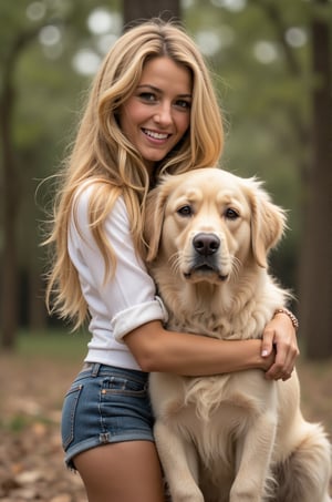 Blake Lively, 16K, long blonde hair, A sexy girl wearing a short jeans and white shirts. She is smiling. forest background. She is hugging a white golden Retriever. masterpieces, ultra high quality, 