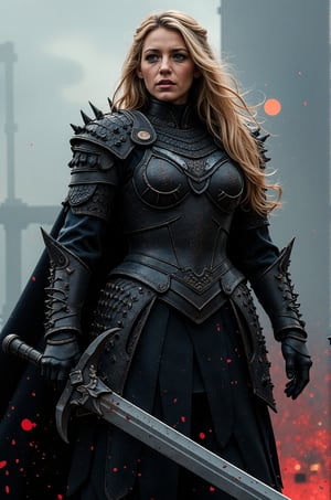 Blake Lively, 32K, UHD, long blonde hair, highly detailed cinematic scene of a dark, armored warrior standing in a dramatic pose. The warrior should be clad in spiked, black armor that covers the entire body, The warrior holds a massive, broad-bladed sword that shows signs of wear, with scratches and bloodstains on the blade. The background should be a mix of light and dark tones, with red hues near the bottom to suggest an intense and dramatic atmosphere. The overall composition should convey a sense of power and readiness for battle, with a focus on the intricate details of the armor and the imposing presence of the warrior. high contrast and dynamic lighting to enhance the dramatic effect, aidmaMJ6.1, HKMagic