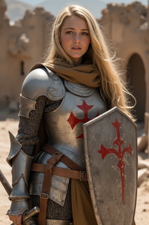 Blake Lively, 32K, UHD, long blonde hair,A high-resolution photo of a medieval knight girl in full armor, visible face and hair, standing in a ruined, dusty environment. The knight lady wears a brown hood partially covering the face. His silver and white armor features intricate designs, including a red cross on the chest plate. holding a big shield with his right hand, and a sword hangs from a leather belt. The backdrop is a crumbling, war-torn building, adding a post-apocalyptic feel. The knight stands poised, radiating strength and resilience, blending historical and fantasy elements, moody, highly detailed, volumetric lighting, sun light,