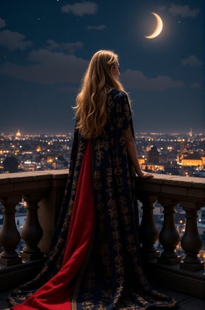 Blake Lively, 16K, UHD, Long Blonde Hair, Masterpieces, A midnight sky stretches beneath the crescent moon as a beautiful woman stands at attention on a castle balcony, draped in a regal red and black cloak embroidered with ancient ruin symbols that shimmer like gold dust. Underneath, she wears a fiery red evening dress. The dark silhouette builds on the shimmering landscape below, where spiers and spiers pierce the starry veil.