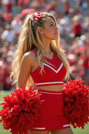 Blake Lively, 64K, long blonde hair, Cheerleader in a vibrant stadium setting during a sunny day, showcasing a hyper-realistic style. The scene is filled with energetic and lively colors, predominantly red, creating a dynamic atmosphere that captures the excitement of a sporting event. The cheerleader is dressed in a striking red cheerleading outfit with white accents, holding large pom-poms that match her attire. The background features a blurred crowd in the stands, filled with enthusiastic fans, enhancing the sense of energy and celebration. Bright sunlight casts dynamic shadows, emphasizing the contours and movements within the scene, creating a captivating and immersive visual experience.