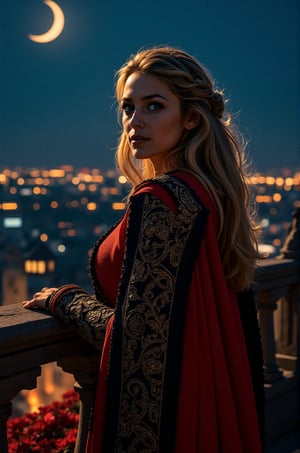 Blake Lively, 16K, UHD, Long Blonde Hair, Masterpieces, A midnight sky stretches beneath the crescent moon as a beautiful woman stands at attention on a castle balcony, draped in a regal red and black cloak embroidered with ancient ruin symbols that shimmer like gold dust. Underneath, she wears a fiery red evening dress. The dark silhouette builds on the shimmering landscape below, where spiers and spiers pierce the starry veil. looking back in the viewer, 