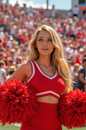 Blake Lively, 64K, long blonde hair, Cheerleader in a vibrant stadium setting during a sunny day, showcasing a hyper-realistic style. The scene is filled with energetic and lively colors, predominantly red, creating a dynamic atmosphere that captures the excitement of a sporting event. The cheerleader is dressed in a striking red cheerleading outfit with white accents, holding large pom-poms that match her attire. The background features a blurred crowd in the stands, filled with enthusiastic fans, enhancing the sense of energy and celebration. Bright sunlight casts dynamic shadows, emphasizing the contours and movements within the scene, creating a captivating and immersive visual experience.