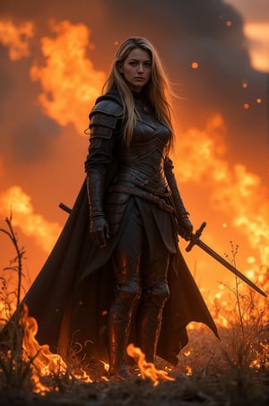 Blake Lively, 32K, UHD, long blonde hair, A hooded girl, clad in dark armor, stands amidst a fiery landscape. Their cloak billows dramatically in the wind, and the flames lick at their feet. The figure holds a glowing samurai sword, its blade reflecting the inferno. The sky is ablaze with fiery clouds, and the overall atmosphere is one of chaos and destruction, aidmaMJ6.1, HKMagic, , , , 