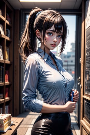 Masterpiece, top quality ,pony_tail, bangs , and is dressed in bank uniform, with a blue shirts and black skirt. She hold a big birthday cake in hand. office background.wind, dynamic, highly detailed, concept art, smooth, sharp focus.,Realistic.,YAMATO