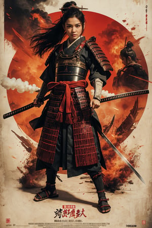 Akira Kurosawa's cinematic style poster,A 28-year-old girl,full body shoot,embodying the spirit of a Samurai from the Warring States Period in Japan. Brightly colored,with a backdrop of war,She wears traditional samurai armor adorned with intricate details,holding a katana with determination,The falling smoke of gunpowder,symbolizing the beauty amidst conflict,Detailed,historical,and with a touch of elegance,cinematic,detailed,style dominated by red,minimalist composition shimmer,edge ligh,best quality,masterpiece,an extremely delicate and beautiful,CG,unity,8k wallpaper,Amazing,finely detail,masterpiece,official art,extremely detailed CG unity 8k wallpaper,incredibly absurdres,huge filesize,ultra-detailed,highres,extremely detailed,lora:Samurai_20240302050726:0.8,